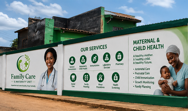 Family Care and Maternity Unit branded healthcare wall